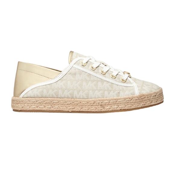 Michael Kors Libby Logo Jacquard Collabsible Heel Sneaker Gold Back Comfort 6.5 - Picture 1 of 11
